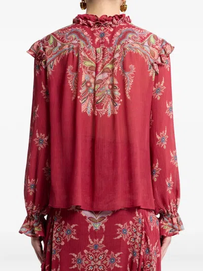 Etro Boho Ruffled Printed Chiffon Blouse In Red
