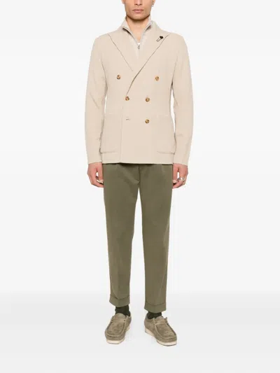 Lardini Double-breasted Knit Jacket With Textured Waffle Pattern In Neutral