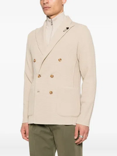 Lardini Double-breasted Knit Jacket With Textured Waffle Pattern In Neutral