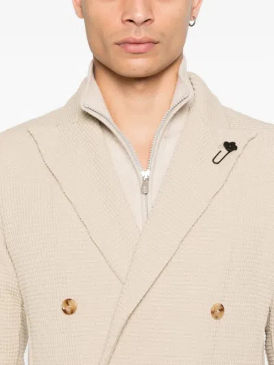 Lardini Double-breasted Knit Jacket With Textured Waffle Pattern In Neutral