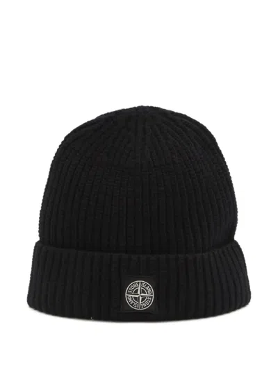 Stone Island Light Wool Knitted Beanie With Compass Patch Accessories In Black