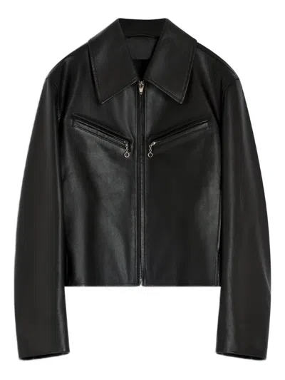 Lemaire Brown Boxy Leather Blouson Jacket In Black