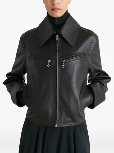 Lemaire Brown Boxy Leather Blouson Jacket In Black