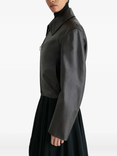 Lemaire Brown Boxy Leather Blouson Jacket In Black