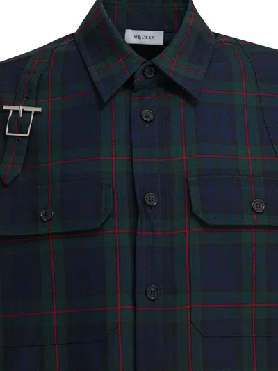 Alexander Mcqueen Classic Tartan Shirt With Metal Buckle Detail And Relaxed Fit In Blue