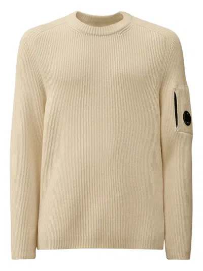 C.p. Company Crewneck Lambswool Sweater With Iconic Lens Detail In Neutral
