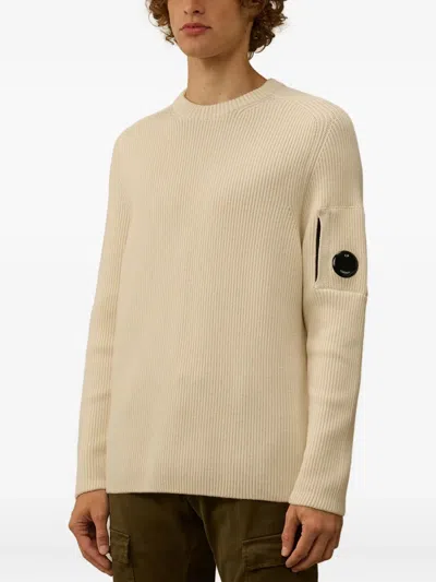 C.p. Company Crewneck Lambswool Sweater With Iconic Lens Detail In Neutral