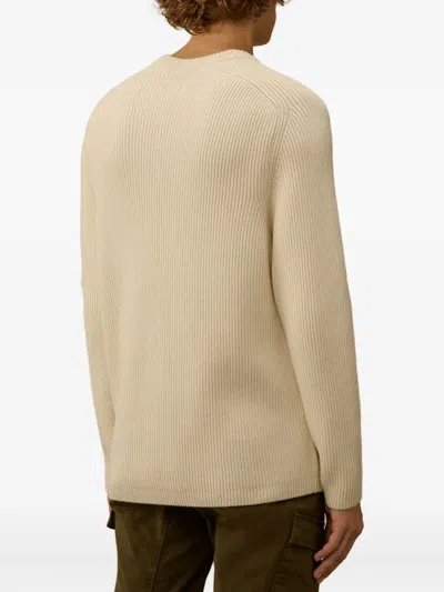 C.p. Company Crewneck Lambswool Sweater With Iconic Lens Detail In Neutral