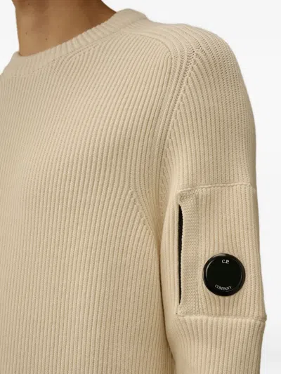 C.p. Company Crewneck Lambswool Sweater With Iconic Lens Detail In Neutral