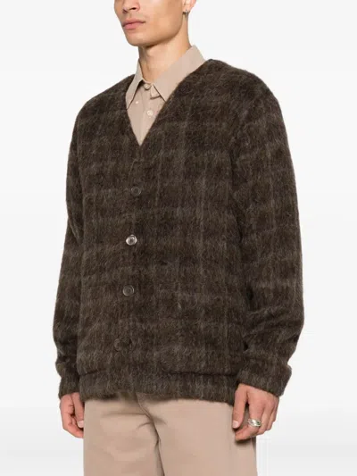 Our Legacy Embroidered Wool Blend V-neck Cardigan With Front Pockets In Brown