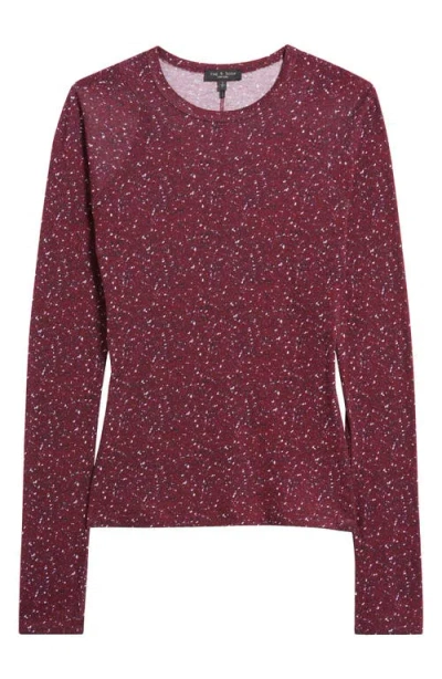 Rag & Bone Shaw Houndstooth Long Sleeve Cotton Top In Burgundy