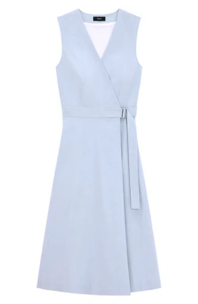 Theory A-line Crunch Linen Wrap Dress In Pearl Blue