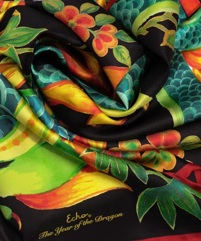 Echo New York Year Of The Dragon 35" Silk Square Scarf In Black