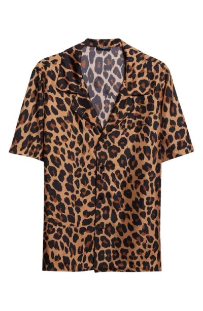 Balmain Leopard Print Silk Bowling Shirt In Brown