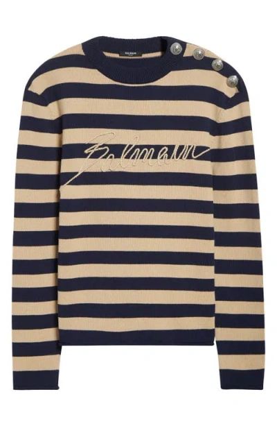 Balmain Striped Sweater With Logo Embroidery In Neutral