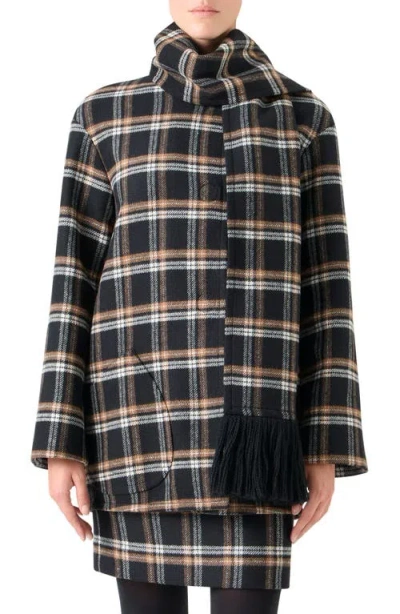Akris Punto Plaid Double Face Wool Blend Jacket With Removable Scarf In Black