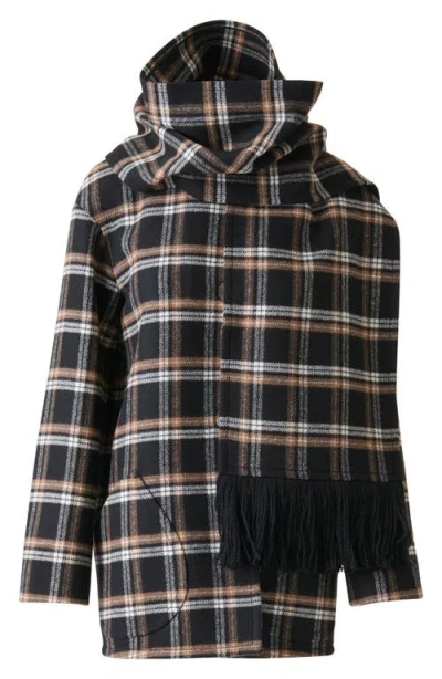 Akris Punto Plaid Double Face Wool Blend Jacket With Removable Scarf In Black