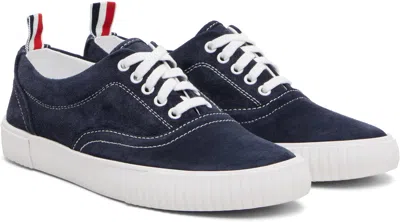 Thom Browne Navy Calf Suede Heritage Sneakers In Blue