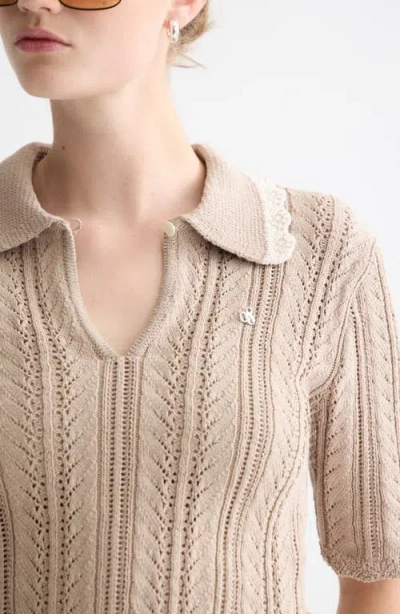 Scotch & Soda Collar Pointelle Short Sleeve Sweater In Burgundy