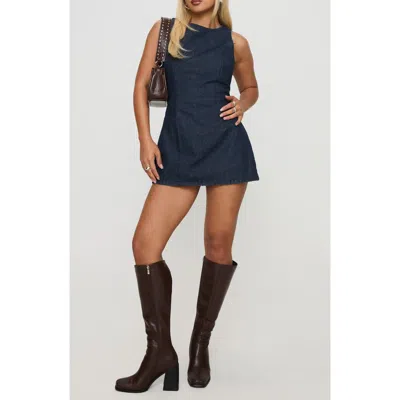 denim halter top dress Dark Wash Halter Neck Pleated Denim Mini Dress