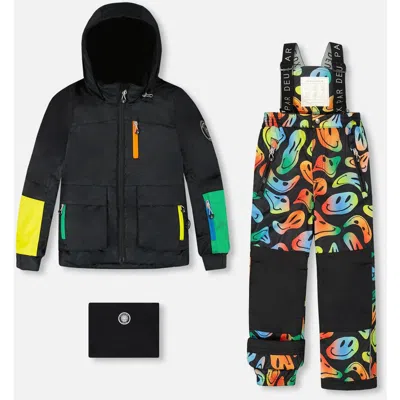 Deux Par Deux Two-piece Play Snowsuit Smiley Face In Black