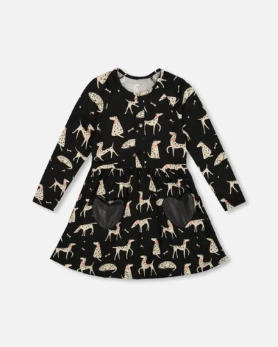 Deux Par Deux Half Button Jersey Dress Dalmatian In Black