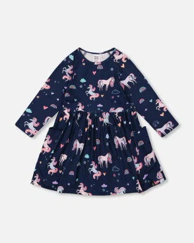 Deux Par Deux Jersey Dress With Pockets Unicorn In Blue
