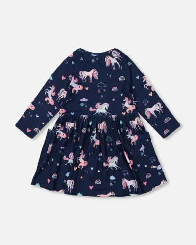 Deux Par Deux Jersey Dress With Pockets Unicorn In Blue