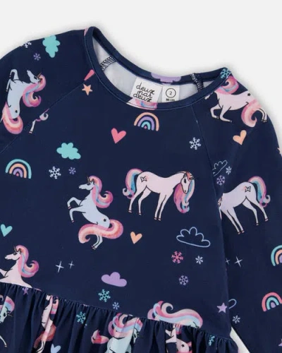 Deux Par Deux Jersey Dress With Pockets Unicorn In Blue