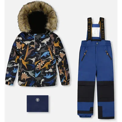 Deux Par Deux Two-piece Play Snowsuit With Dinosaurs Jacket In Blue