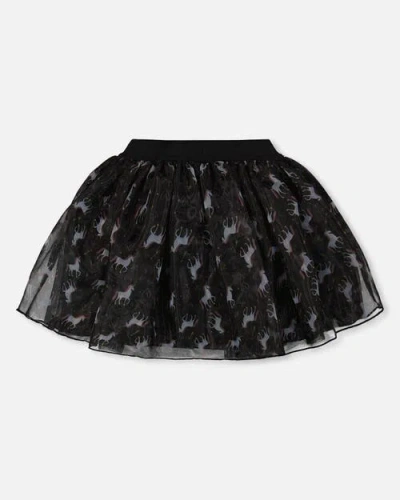 Deux Par Deux Organza And Mesh Skirt With Unicorn In Black