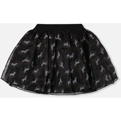 Deux Par Deux Organza And Mesh Skirt With Unicorn In Black