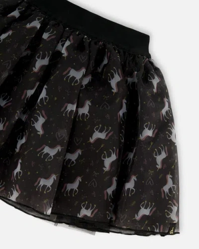 Deux Par Deux Organza And Mesh Skirt With Unicorn In Black