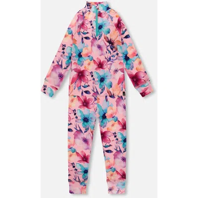 Deux Par Deux Two-piece Thermal Underwear Set Watercolor Flower In Pink