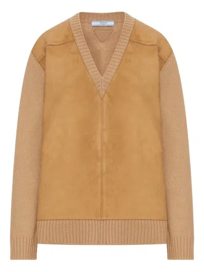 Prada Relaxed Fit Camel Sweater With Deep V-neck And Suede-like Accents In Brown