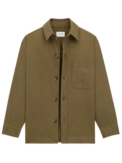 Saint Laurent Green Shirt With Classic Collar And Cassandre Embroidery On The Front In Cotton Man