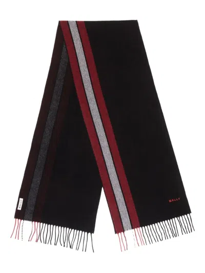 Bally Long Rectangular Black Scarf With Burgundy In Black