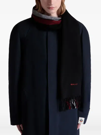 Bally Long Rectangular Black Scarf With Burgundy In Black