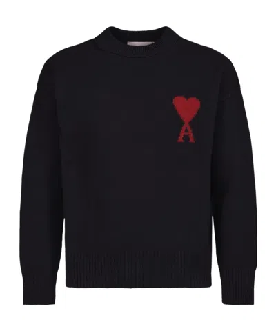 Ami Alexandre Mattiussi Relaxed Fit Black Wool Turtleneck Sweater With Graphic Heart Motif In Black