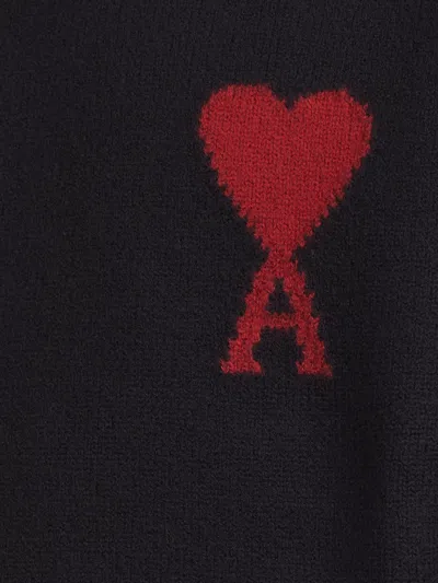 Ami Alexandre Mattiussi Relaxed Fit Black Wool Turtleneck Sweater With Graphic Heart Motif In Black