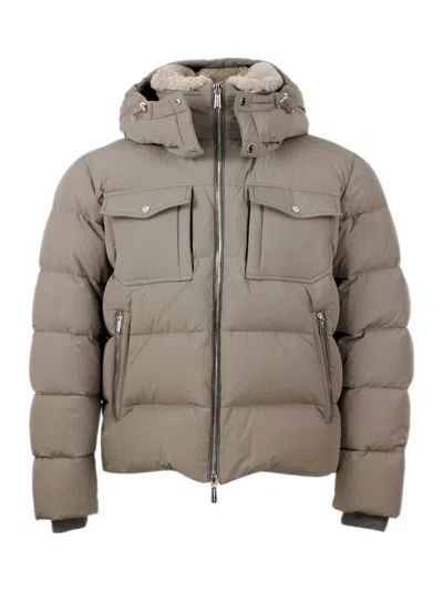 Moorer Quilted Down Jacket With High Collar And Removable Hood In Brown