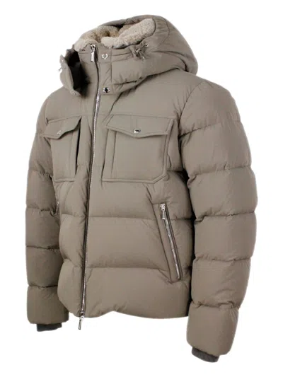 Moorer Quilted Down Jacket With High Collar And Removable Hood In Brown