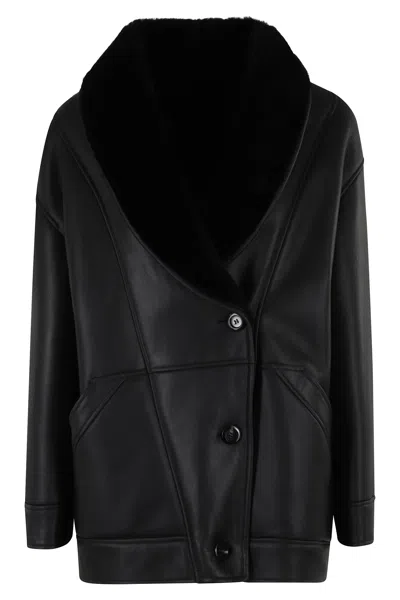Blancha Leather Shearling Collar Jacket In Black