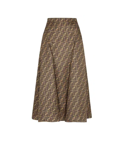 Fendi Women Embroidered Silk Skirt In Brown