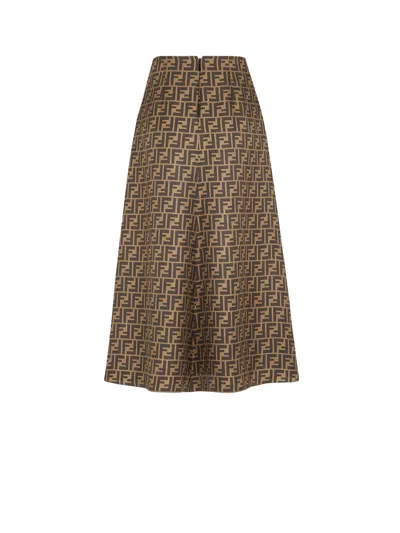 Fendi Women Embroidered Silk Skirt In Brown
