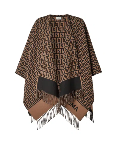 Fendi Geometric Patterned Square Poncho In Wool And Cashmere Blend In Brown