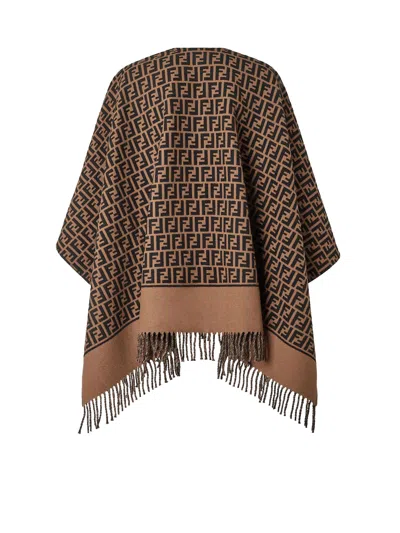 Fendi Geometric Patterned Square Poncho In Wool And Cashmere Blend In Brown