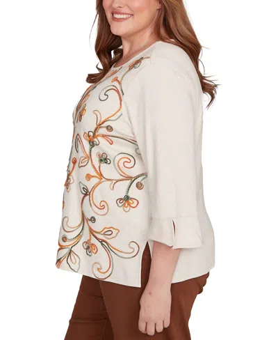 Alfred Dunner Plus Size Mount Laurel Textured Scroll Embroidered Top In White