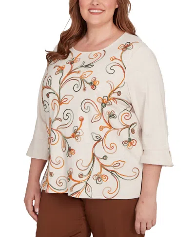 Alfred Dunner Plus Size Mount Laurel Textured Scroll Embroidered Top In White