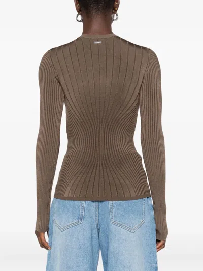 Mugler Ribbed Round-neck Sweater In Brown